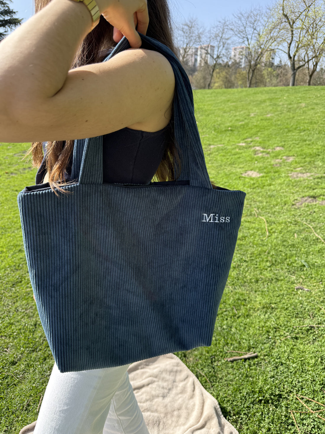 Tote Bag velours côtelé bleu