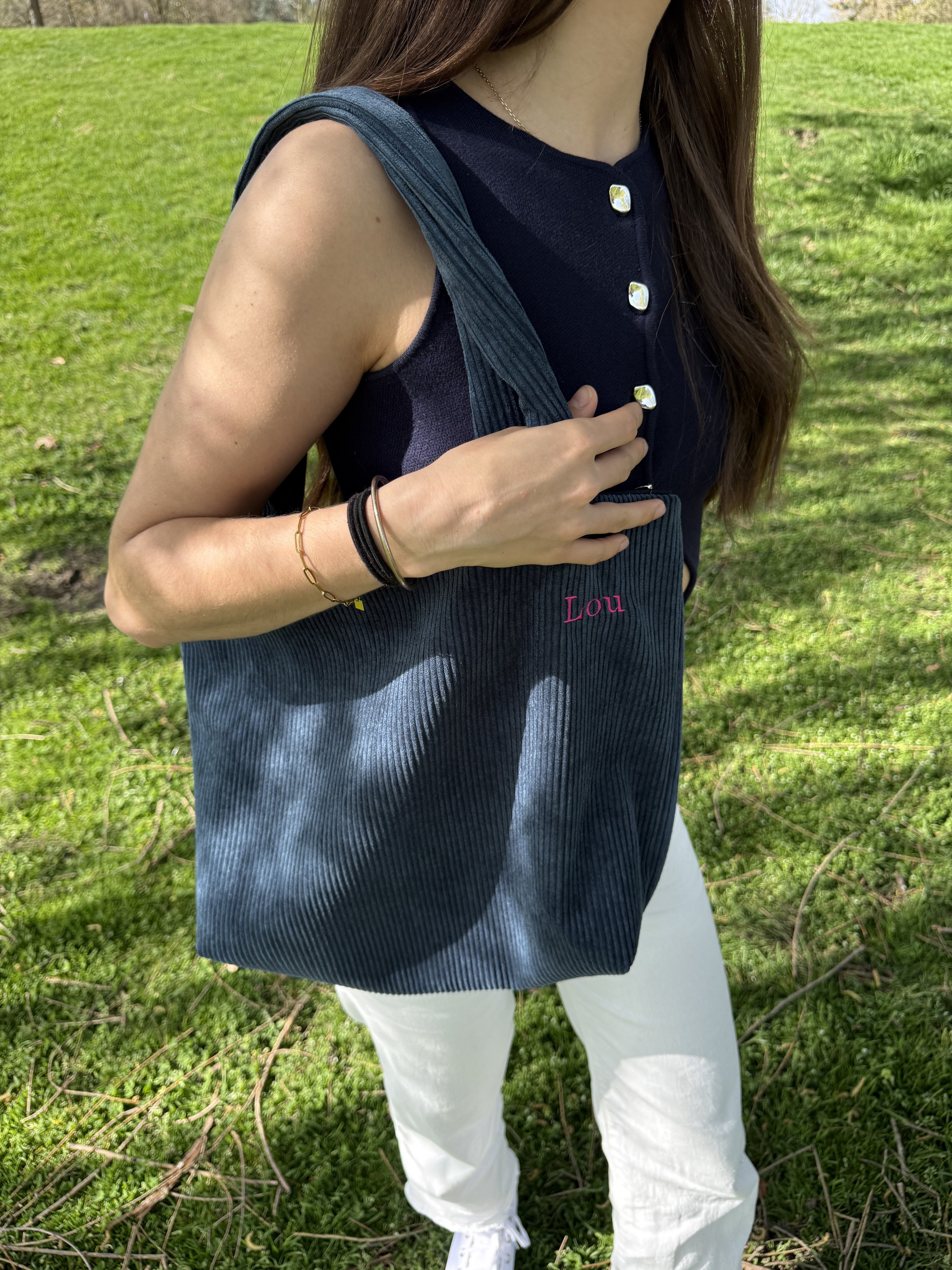 Tote Bag velours côtelé bleu