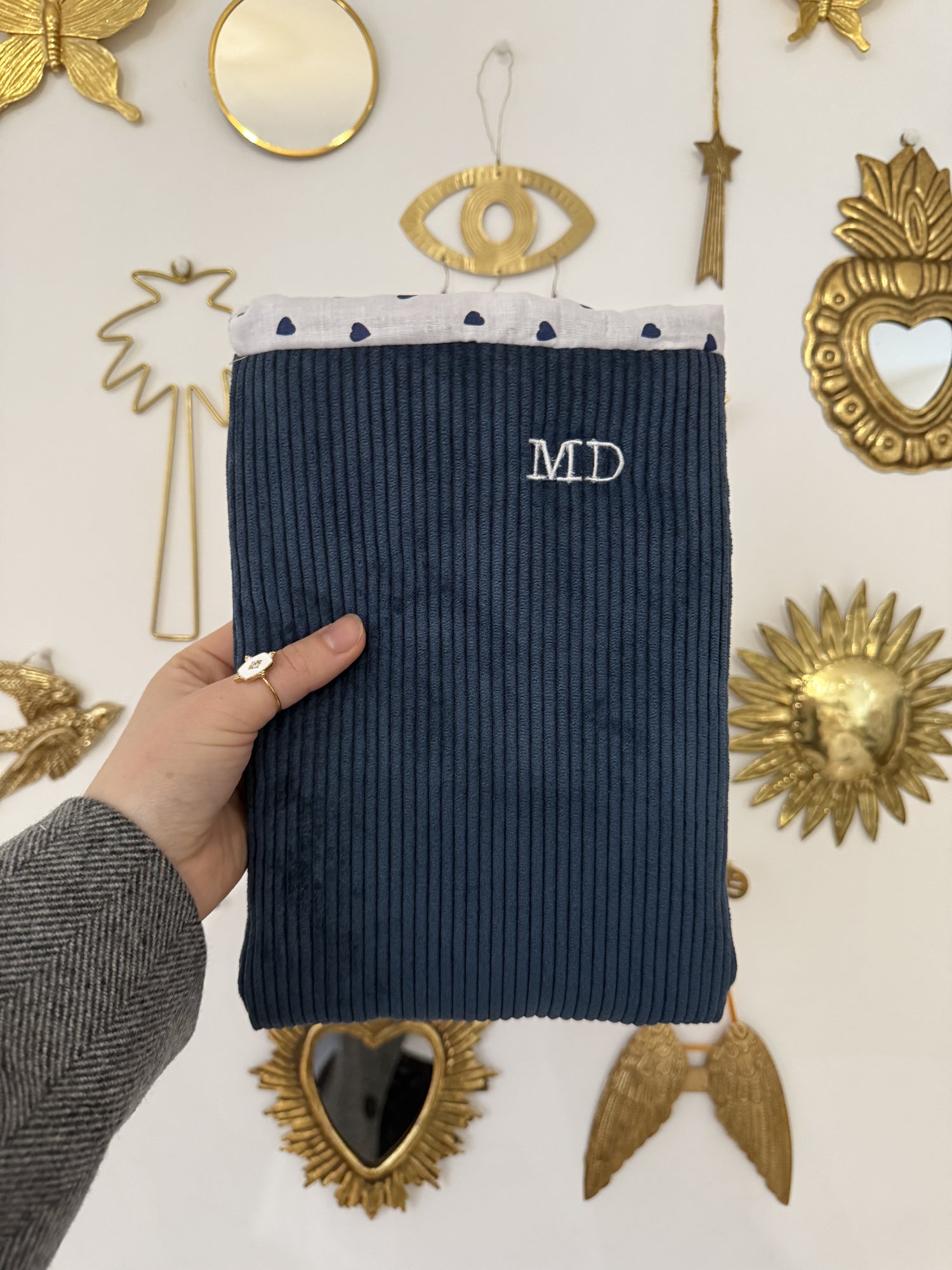 Pochette de livre velours bleu